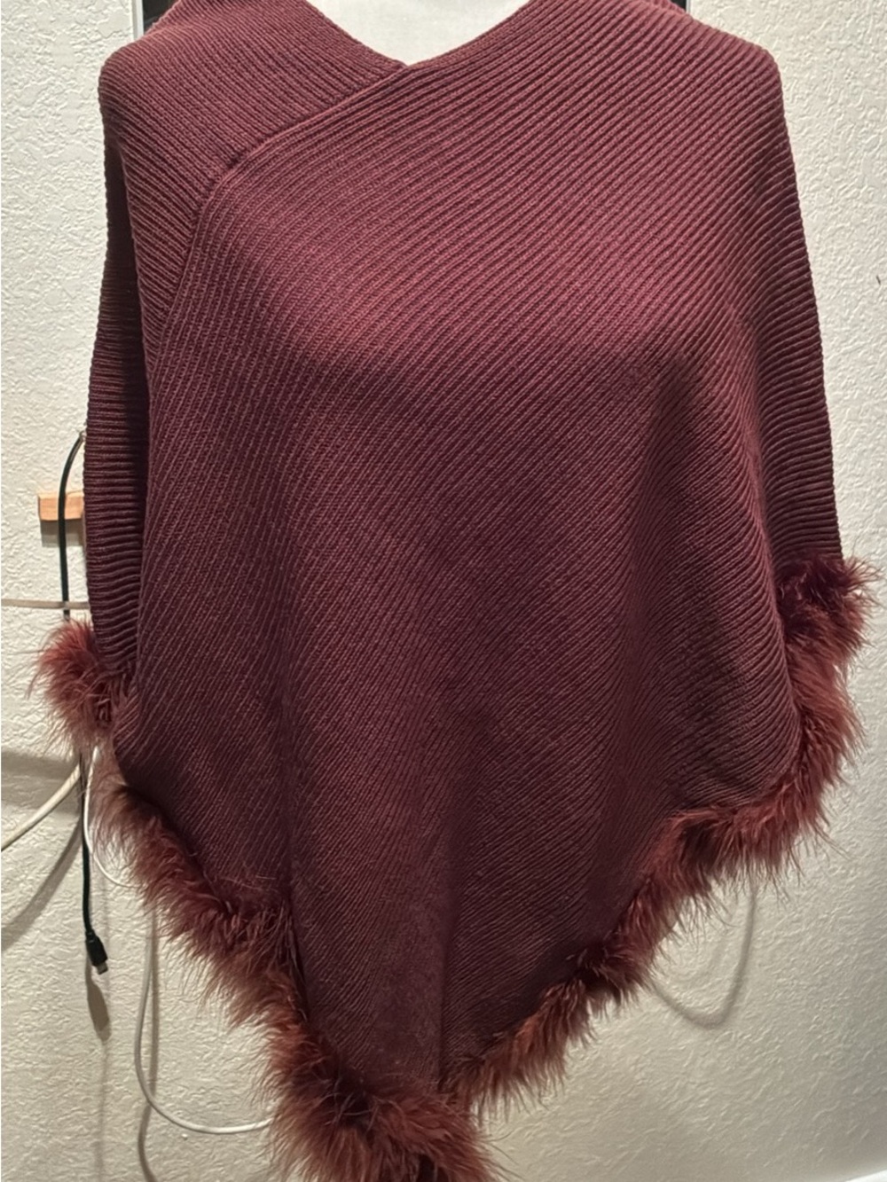 Women’s Faux-Fur Trim Knit Poncho Sweater. Brown. Nice. Soft.